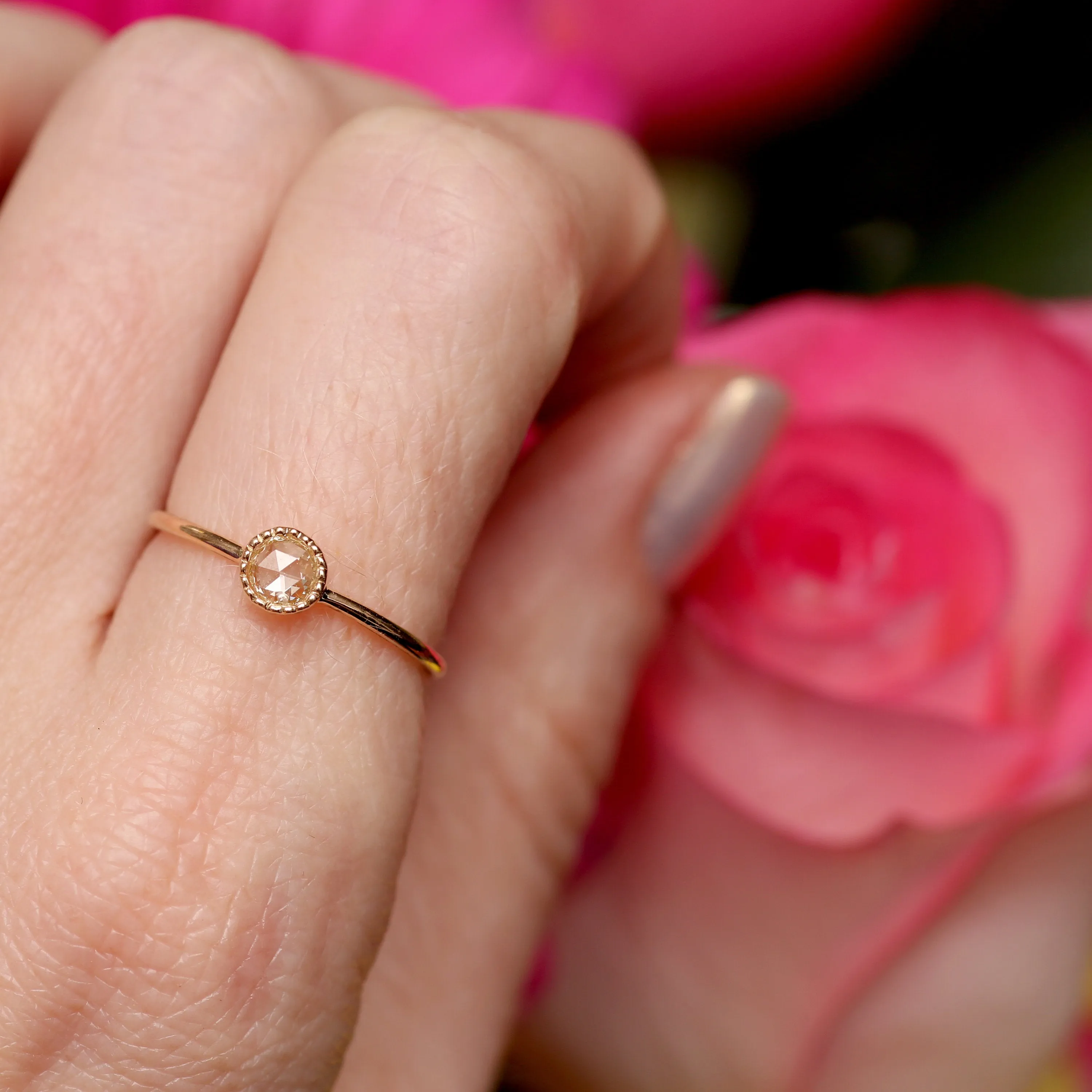 14k Rose Cut Diamond Round Solitaire Ring