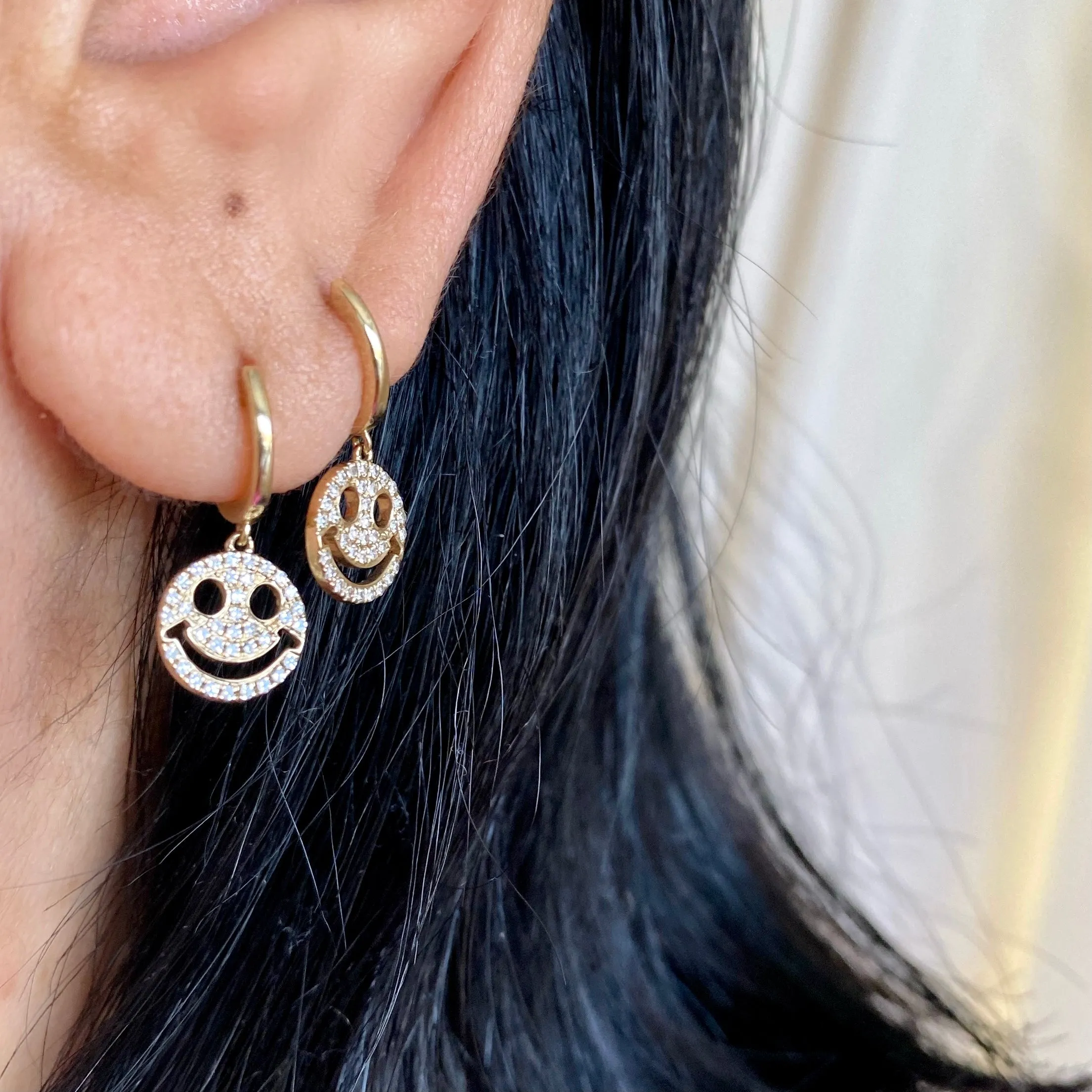 14KT Gold Diamond Smiley Face Huggie Earrings