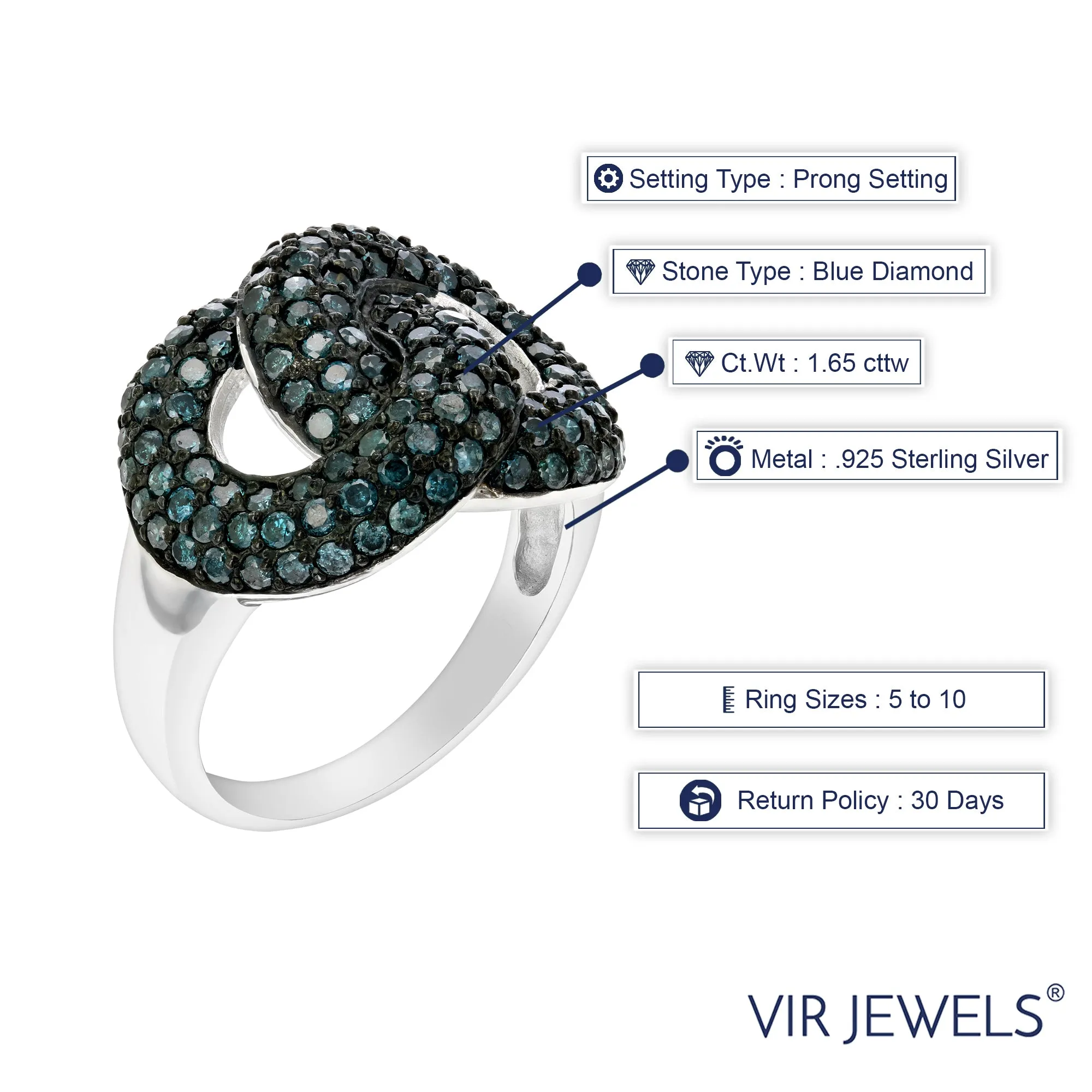 1.65 cttw Blue Diamond Interlinked Statement Ring in Sterling Silver