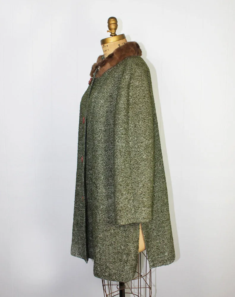 1960's Green Tweed Coat with Fur Trim Collar - Size L / XL
