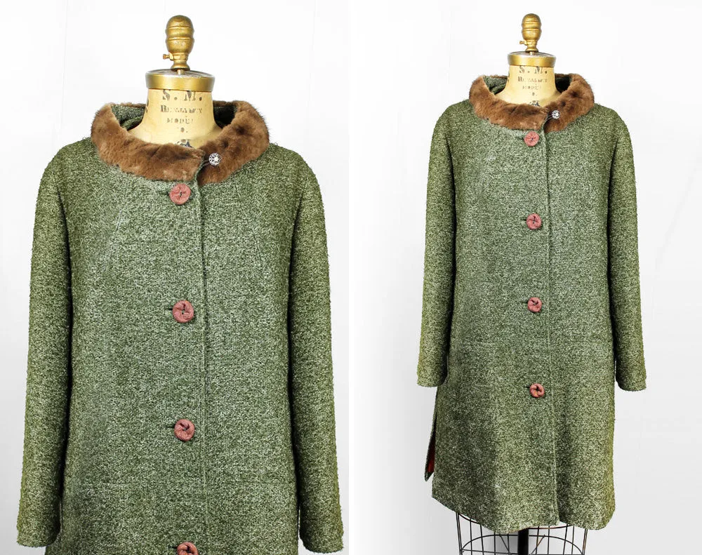 1960's Green Tweed Coat with Fur Trim Collar - Size L / XL