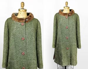 1960's Green Tweed Coat with Fur Trim Collar - Size L / XL