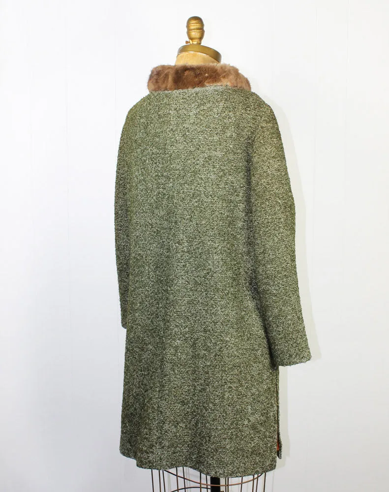 1960's Green Tweed Coat with Fur Trim Collar - Size L / XL