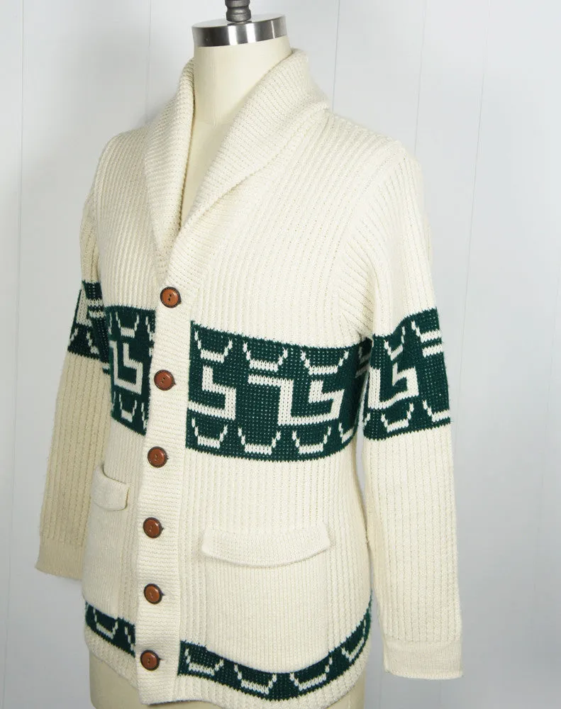1970's Forest Green & Off White Button Up Cardigan Sweater, Size S