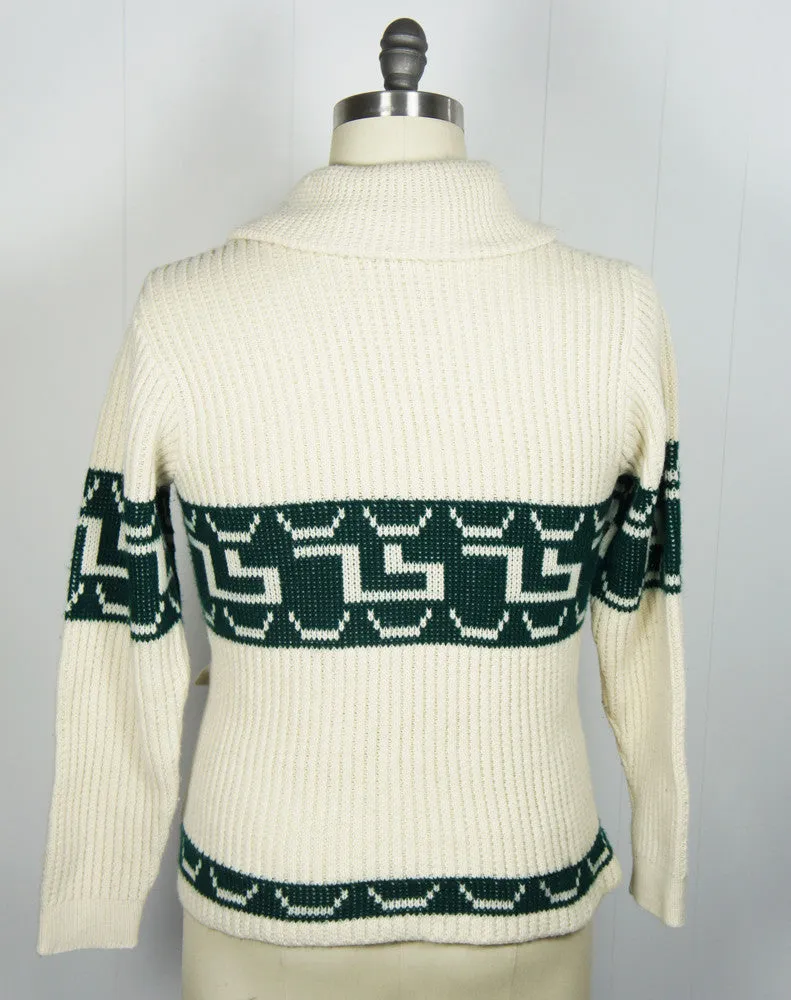 1970's Forest Green & Off White Button Up Cardigan Sweater, Size S