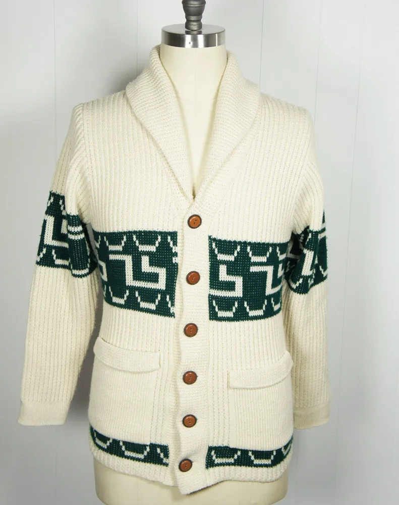 1970's Forest Green & Off White Button Up Cardigan Sweater, Size S