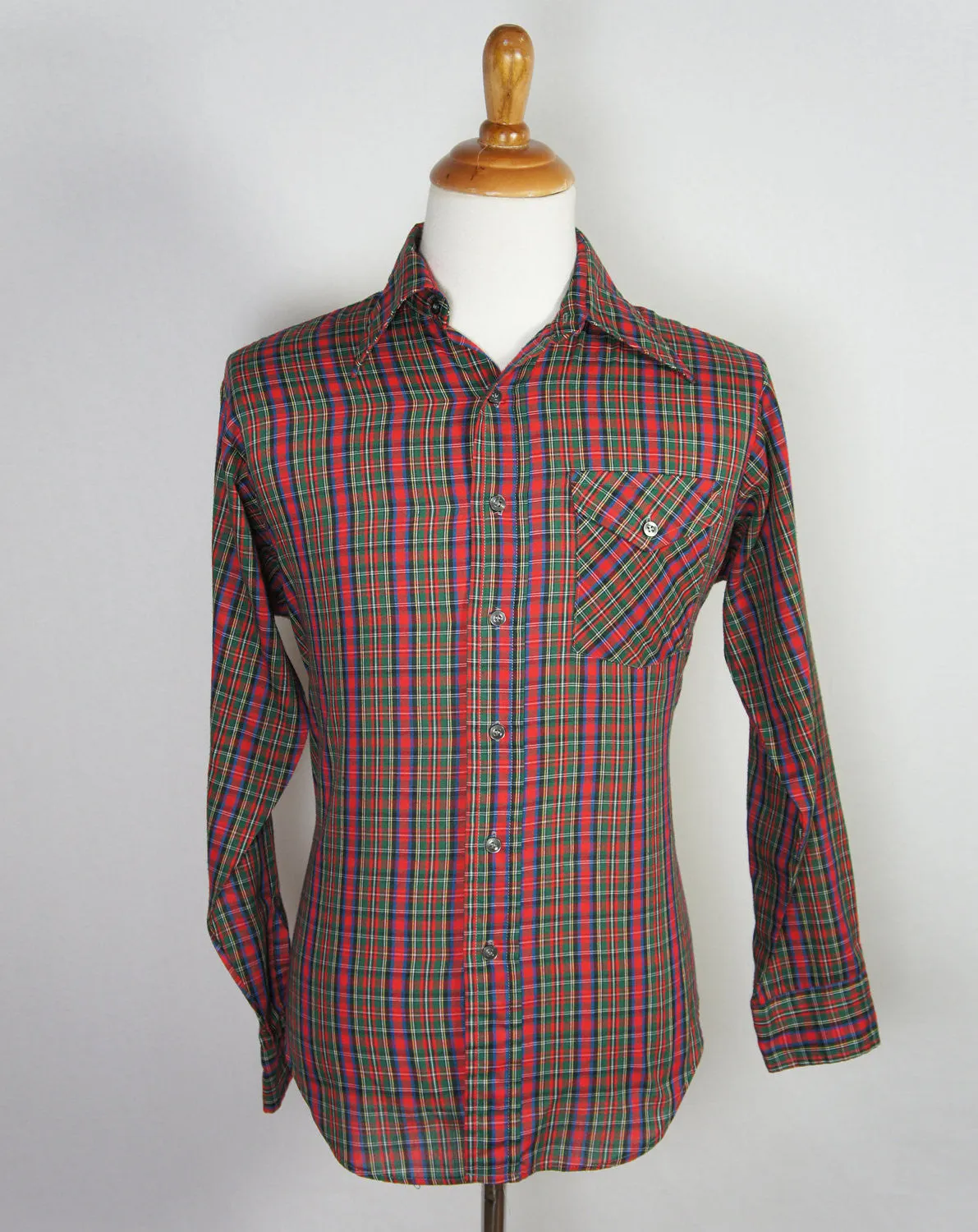 1970's Red & Green Button Up Shirt - Long Sleeve, Size L
