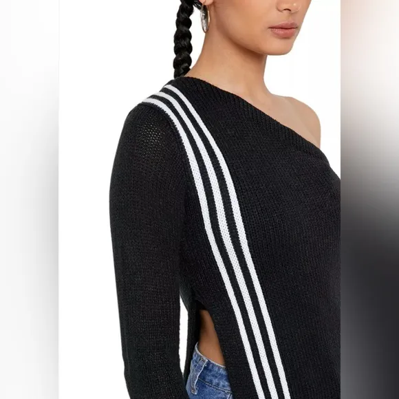Adidas Black One Shoulder Sweater Three Stripe TLRD Small New Black