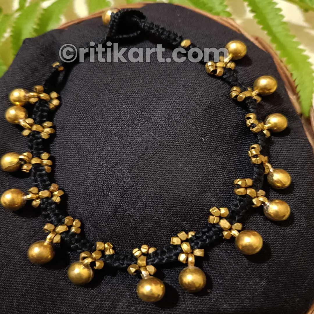 Ancient Dhokra Anklet with Brass Beads Embedded in Black Thread
