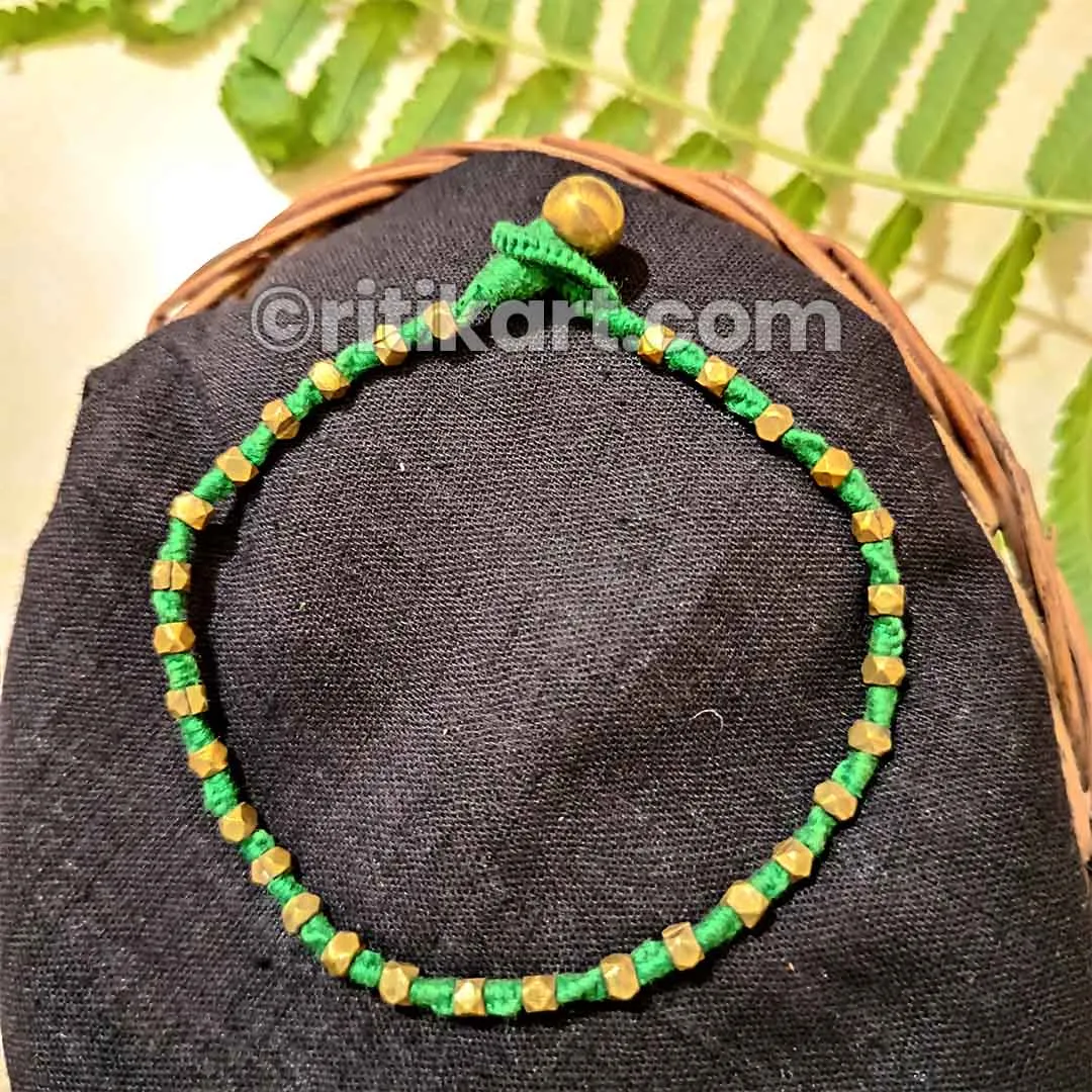 Ancient Tribal Brass Anklet with Brass Beads embedded in Green Thread
