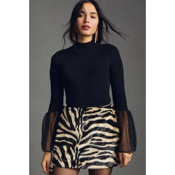 Anthropologie Black Turtleneck Tulle Sleeve Ribbed Sweater M