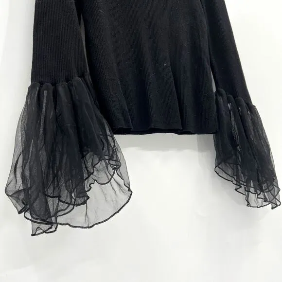 Anthropologie Black Turtleneck Tulle Sleeve Ribbed Sweater M