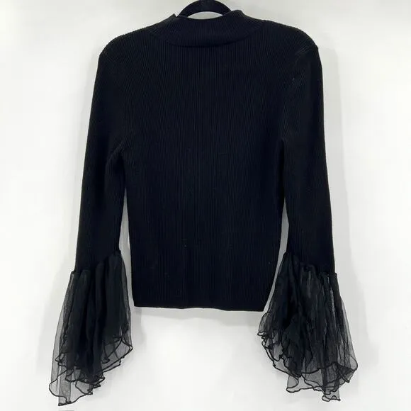 Anthropologie Black Turtleneck Tulle Sleeve Ribbed Sweater M
