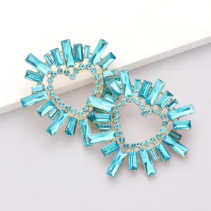 Aqua Crystal Stone Cluster Heart Pageant Earrings | Prom Earrings |  604434