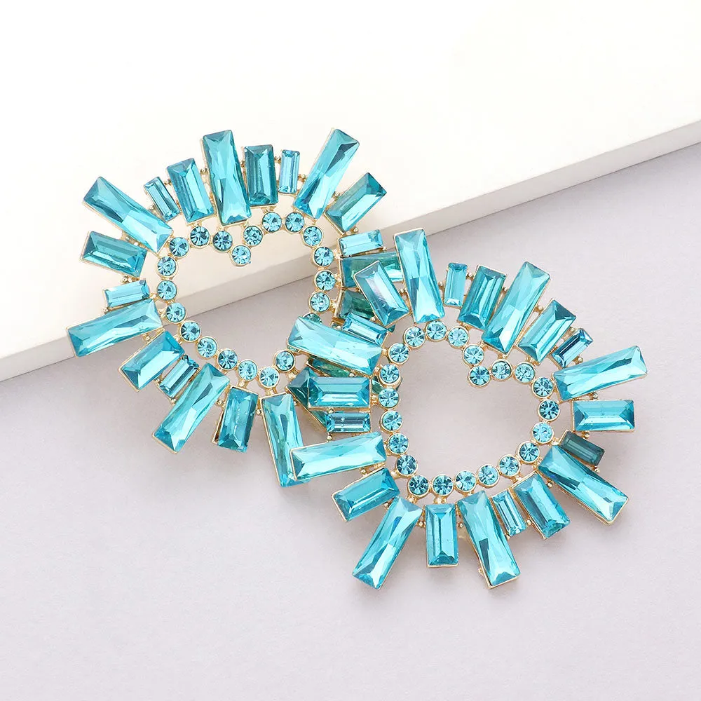 Aqua Crystal Stone Cluster Heart Pageant Earrings | Prom Earrings |  604434