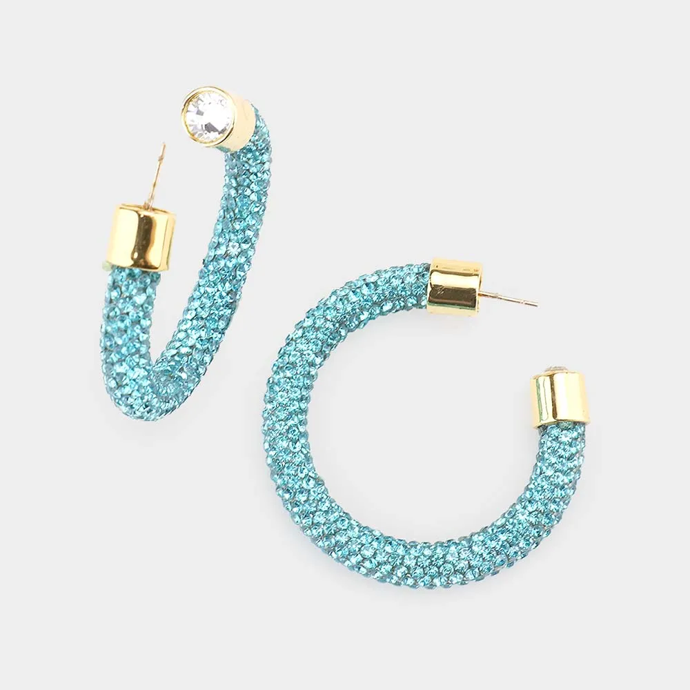Aqua Rhinestone Half Hoop Earring | 1.75" | 482486