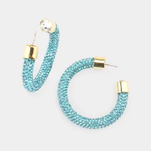 Aqua Rhinestone Half Hoop Earring | 1.75" | 482486