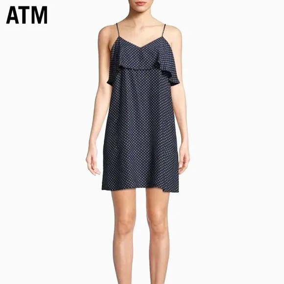 ATM Silk Navy Blue Polka Dot Ruffle Flounce Whimsigoth Mini Slip Dress Women SP
