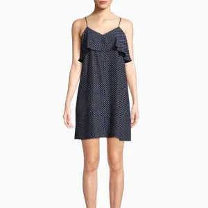 ATM Silk Navy Blue Polka Dot Ruffle Flounce Whimsigoth Mini Slip Dress Women SP