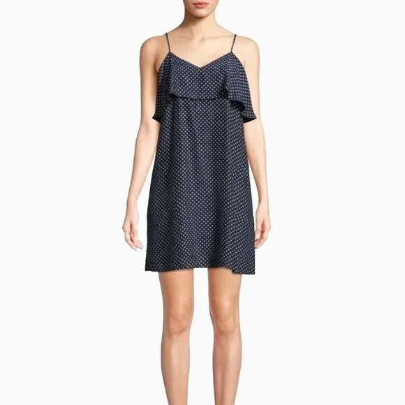ATM Silk Navy Blue Polka Dot Ruffle Flounce Whimsigoth Mini Slip Dress Women SP