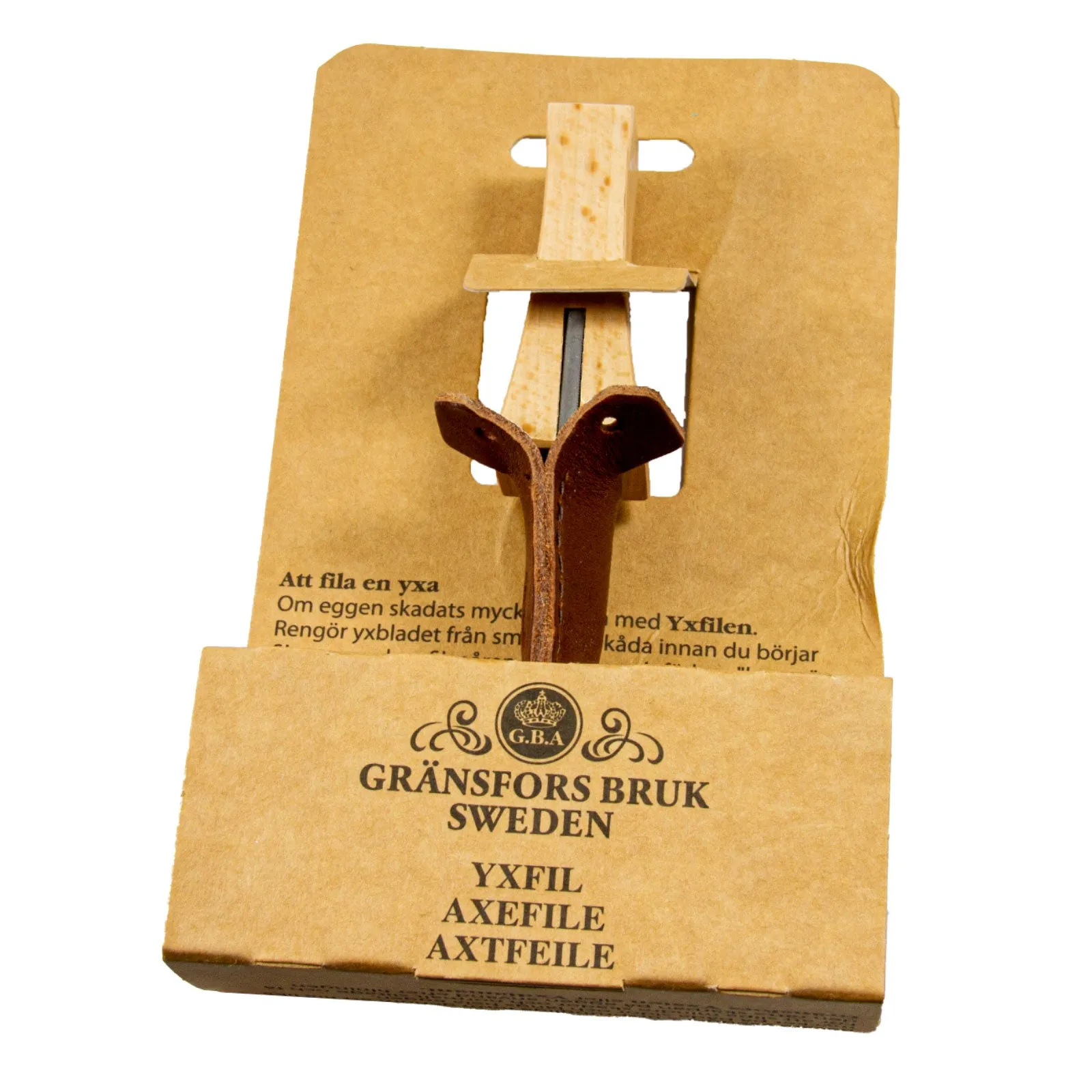 Axt Schärffeile mit Holzgriff und Lederschutz, Axe File, Made in Sweden