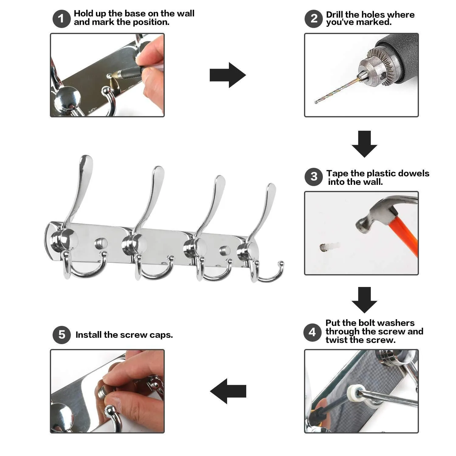 BAOEF Coat Hat Hook,Metal Robe Rail Rack Towel Hanger with Flared Tri-Hook,Colset Organizer for Home,Entryway,Office,Keys,Scarf,Jacket,Backpack,Wall Mounted,Silver,2 Packs