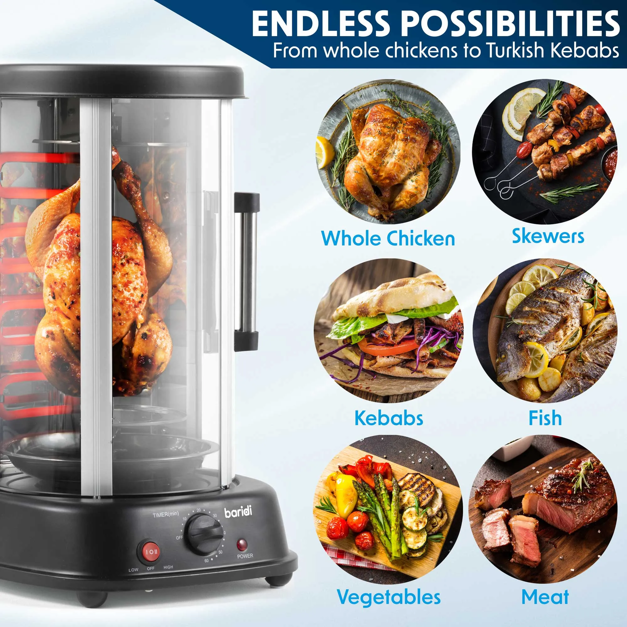 Baridi Vertical Rotisserie Grill, Kebabs, Gyros, Skewers, Roasts, 1500W, 21L, Black - DH216