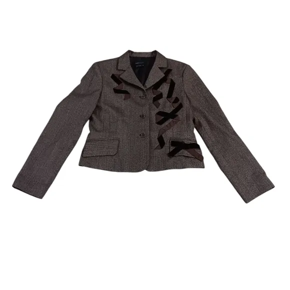BCBGMaxazria Brown Wool Blend Clueless Preppy Velour Accent Ribbon Blazer Size M