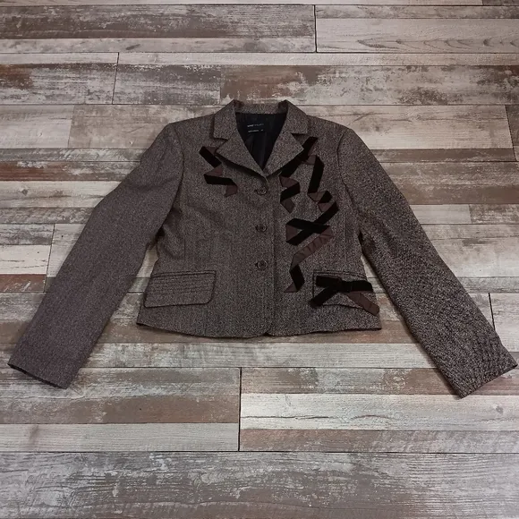 BCBGMaxazria Brown Wool Blend Clueless Preppy Velour Accent Ribbon Blazer Size M