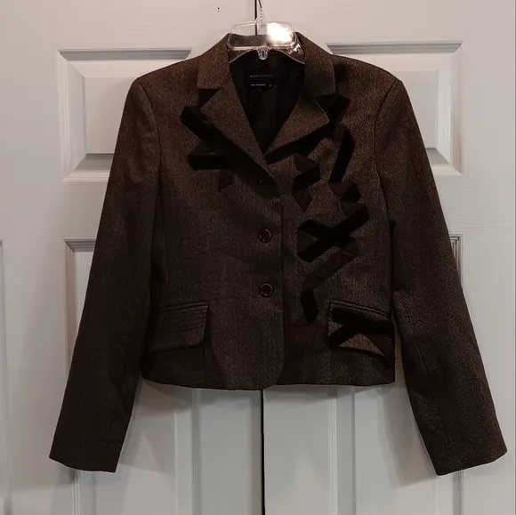 BCBGMaxazria Brown Wool Blend Clueless Preppy Velour Accent Ribbon Blazer Size M