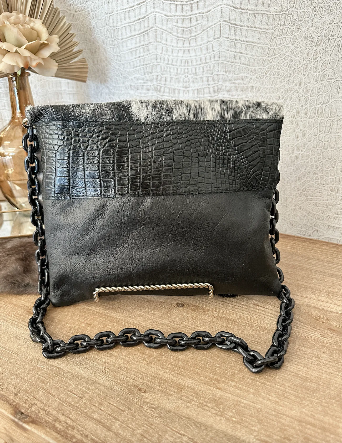 Black Croc with Black/White Spec Hide Crossbody