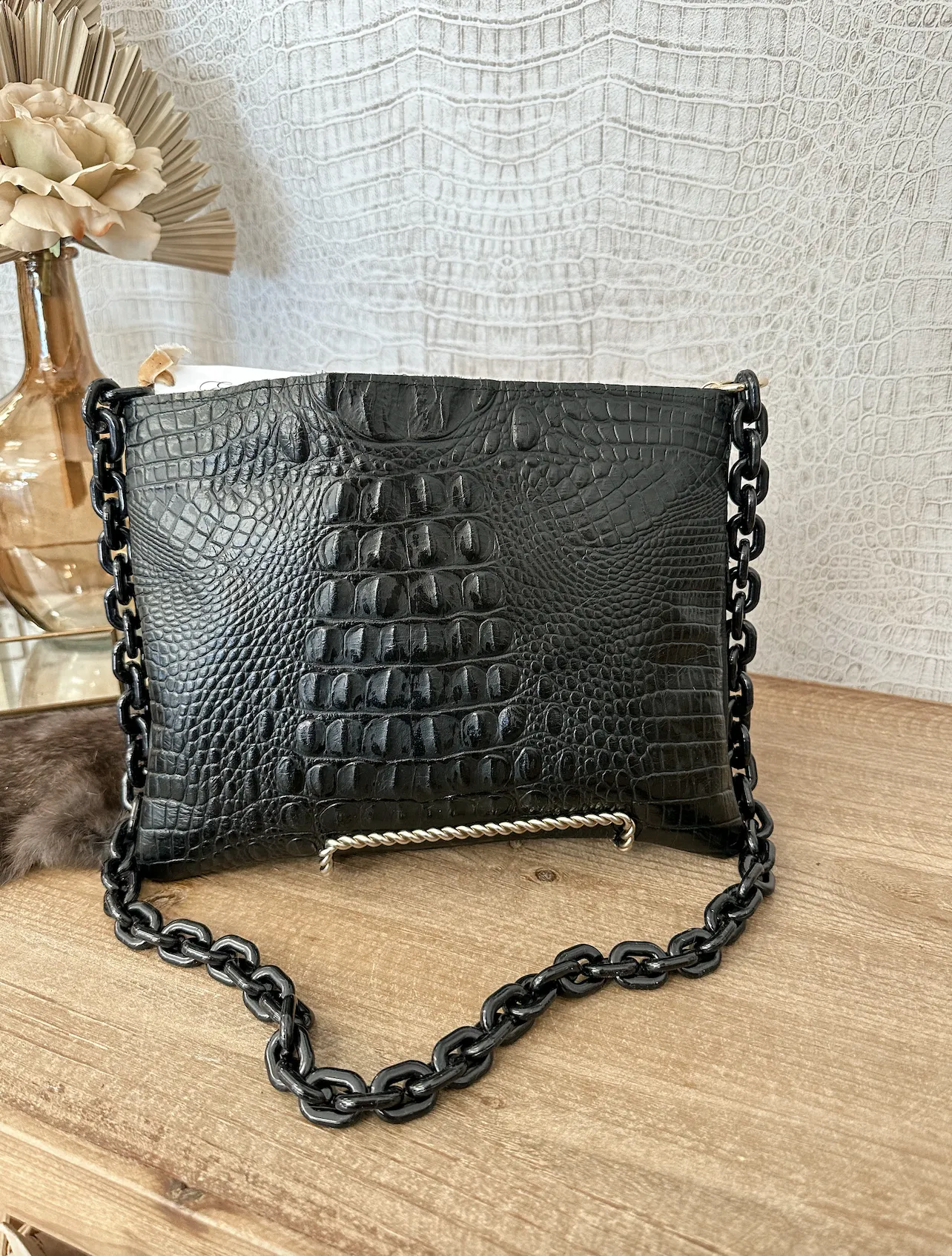Black Croc with Black/White Spec Hide Crossbody