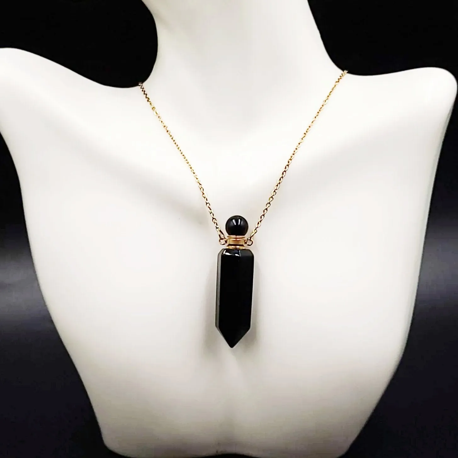 Black Obsidian Bottle Pendant Necklace Holder Perfume Oils Incense Ashes