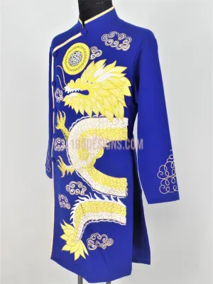 Blue Ao Dai Men -  Áo Dài Xanh Nam Vẽ Rồng Vải Co Giản Nhẹ
