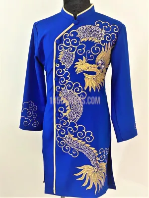 Blue Ao Dai Men -  Áo Dài Xanh Nam Vẽ Rồng Vải Co Giản Nhẹ