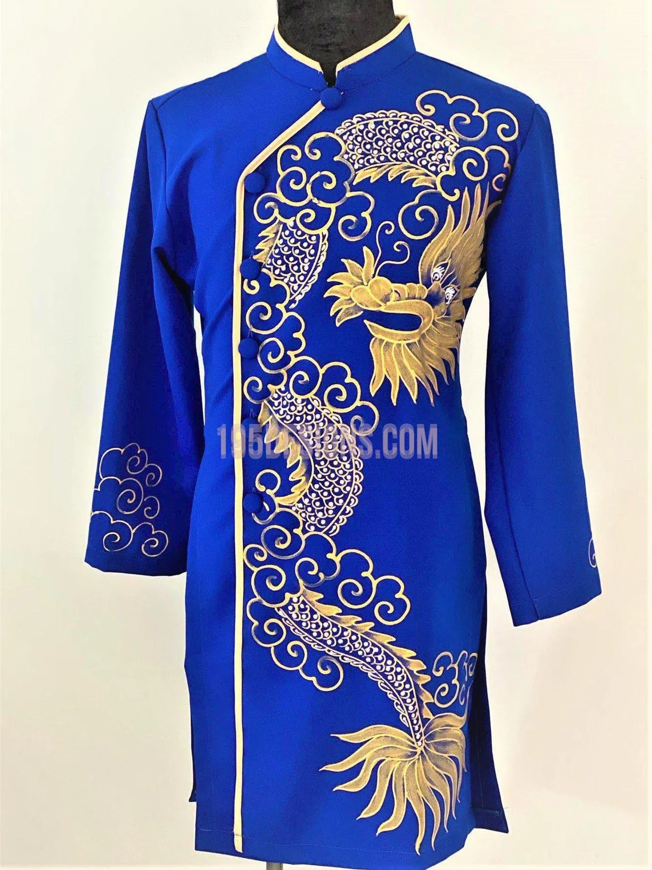 Blue Ao Dai Men -  Áo Dài Xanh Nam Vẽ Rồng Vải Co Giản Nhẹ