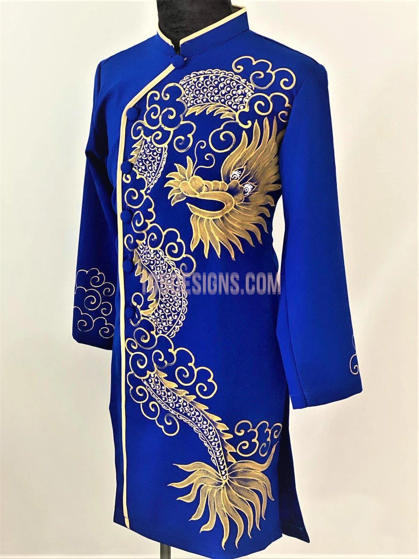 Blue Ao Dai Men -  Áo Dài Xanh Nam Vẽ Rồng Vải Co Giản Nhẹ