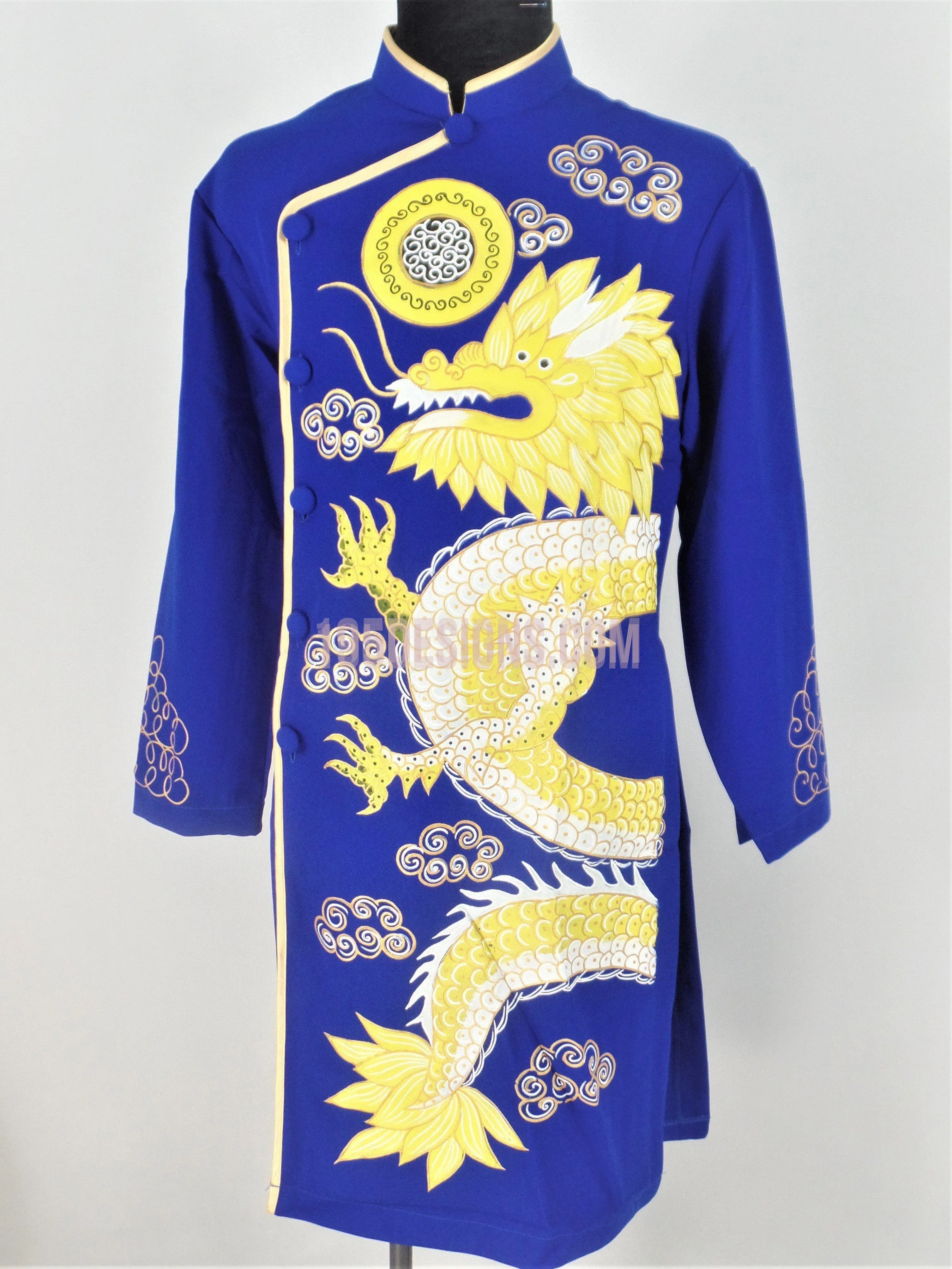 Blue Ao Dai Men -  Áo Dài Xanh Nam Vẽ Rồng Vải Co Giản Nhẹ