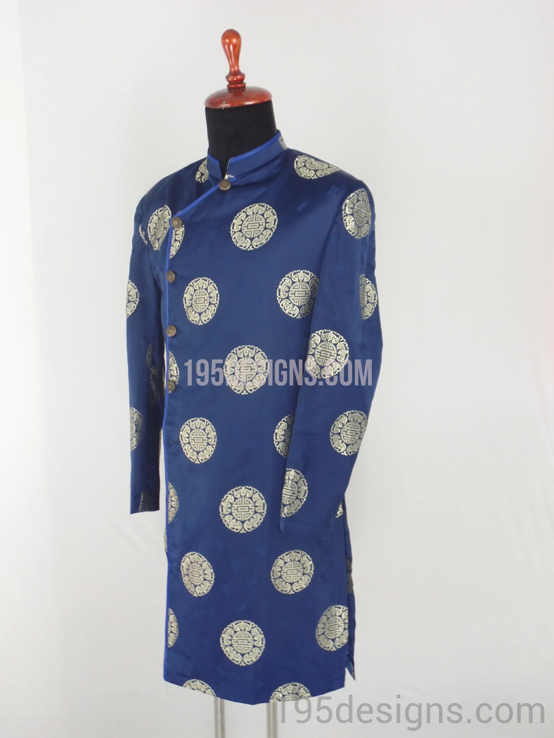 Blue Brocade Ao Dai Men -  Áo Dài Gấm Xanh Nam Vải Cao Cấp