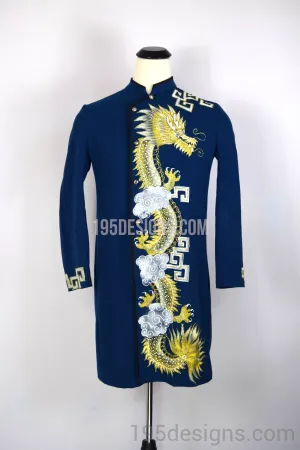 Blue Brocade Ao Dai Men -  Áo Dài Nam Vải Co Giản