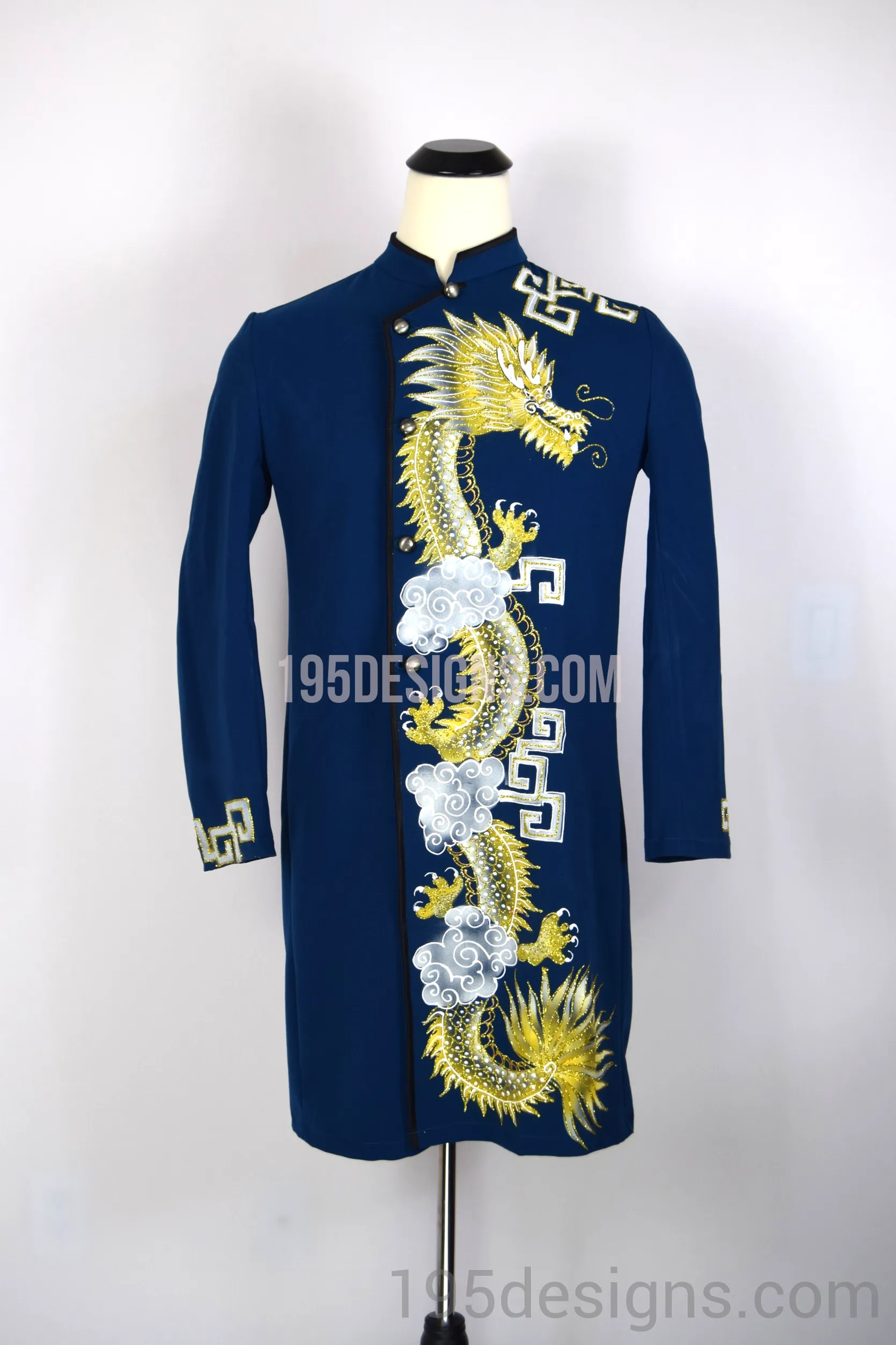 Blue Brocade Ao Dai Men -  Áo Dài Nam Vải Co Giản