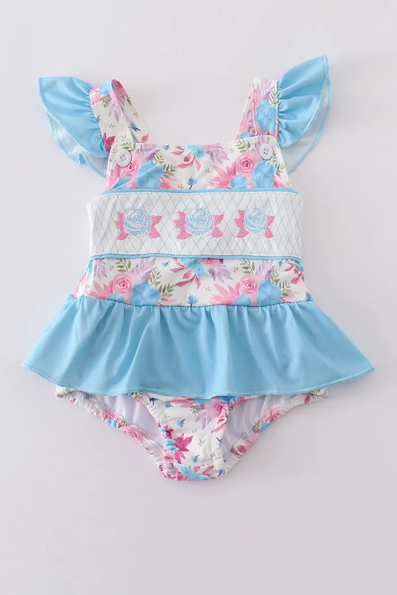 Blue Floral Embroidery One-piece Swimsuit