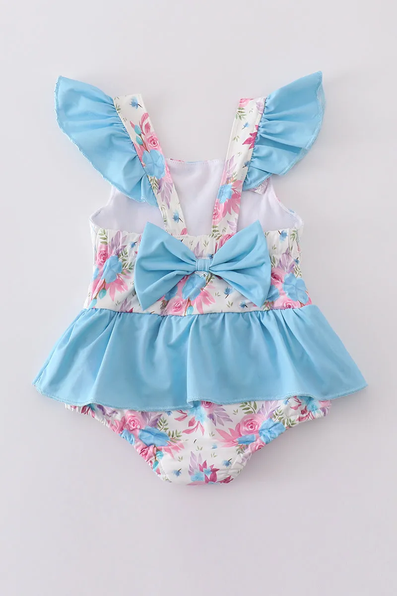 Blue Floral Embroidery One-piece Swimsuit