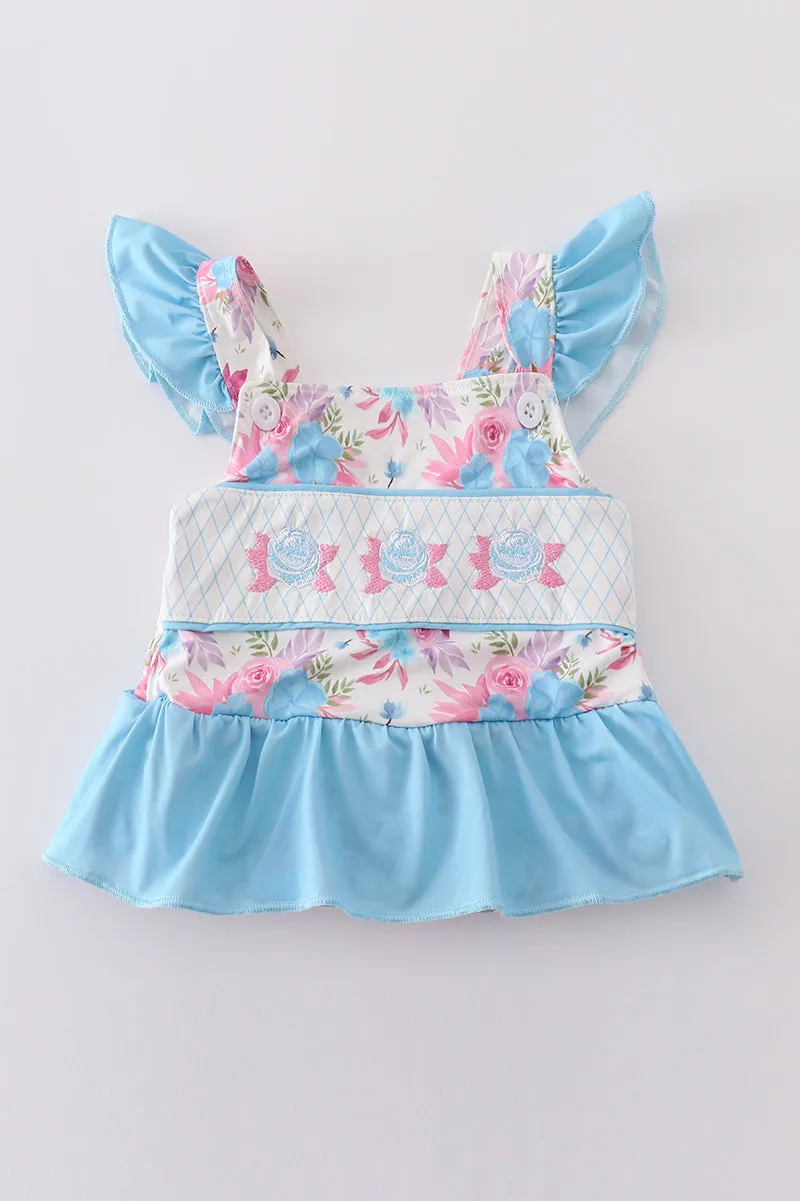 Blue Floral Embroidery One-piece Swimsuit