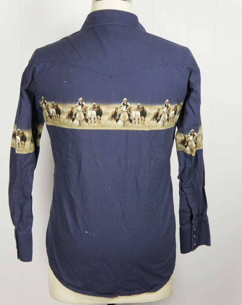 Blue Western Pearl Snap Shirt w/ Cowboys & Horses - Size L