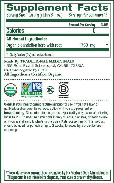 [Bundle Of 4] Traditional Medicinals Organic Dandelion Leaf & Root, 16 bags Exp: