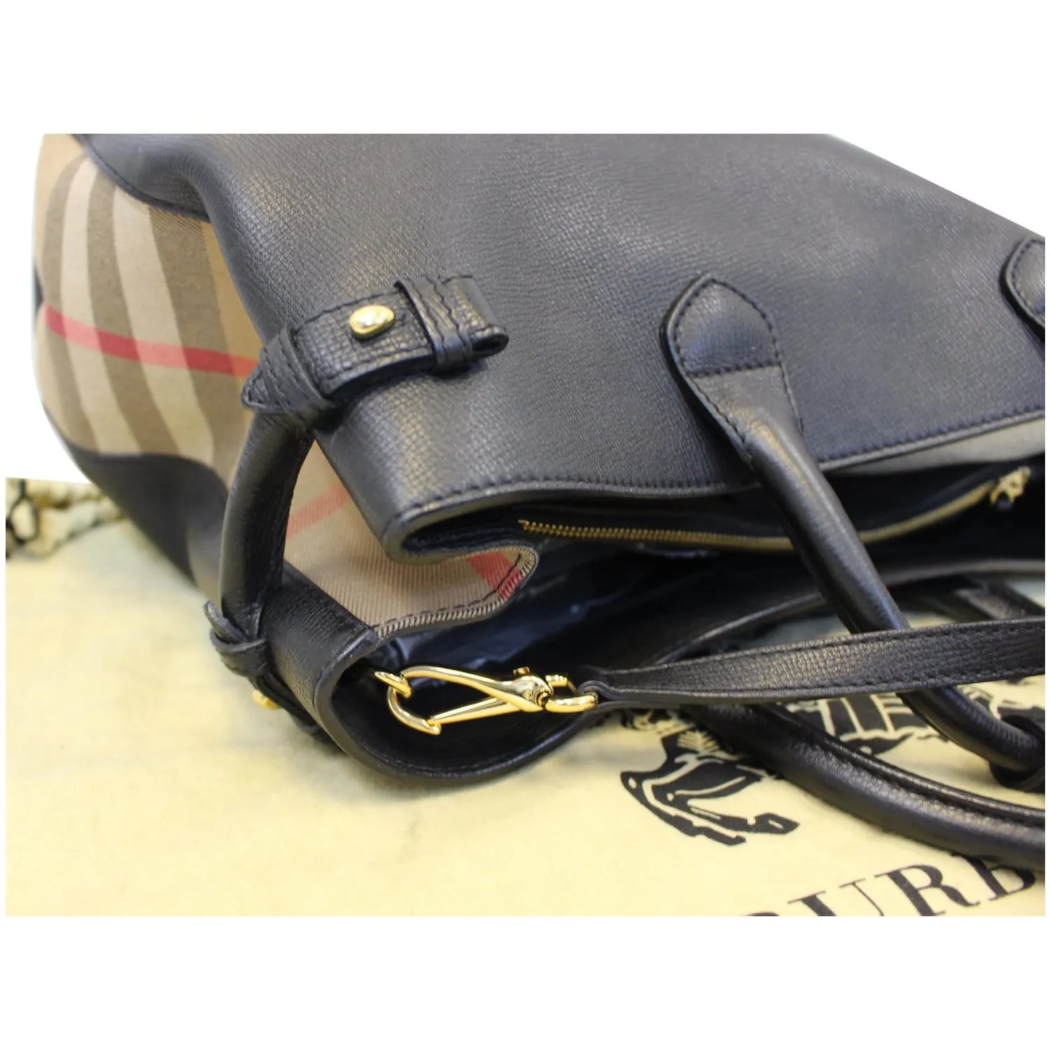BURBERRY Large Banner Calf Leather House Check Tote Bag Black