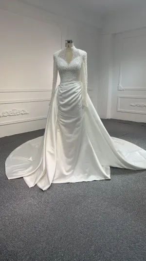 BYG24-5 LUXURIOUS BEADED SATIN MERMAID WEDDING DRESS DETACHABLE TRAIN