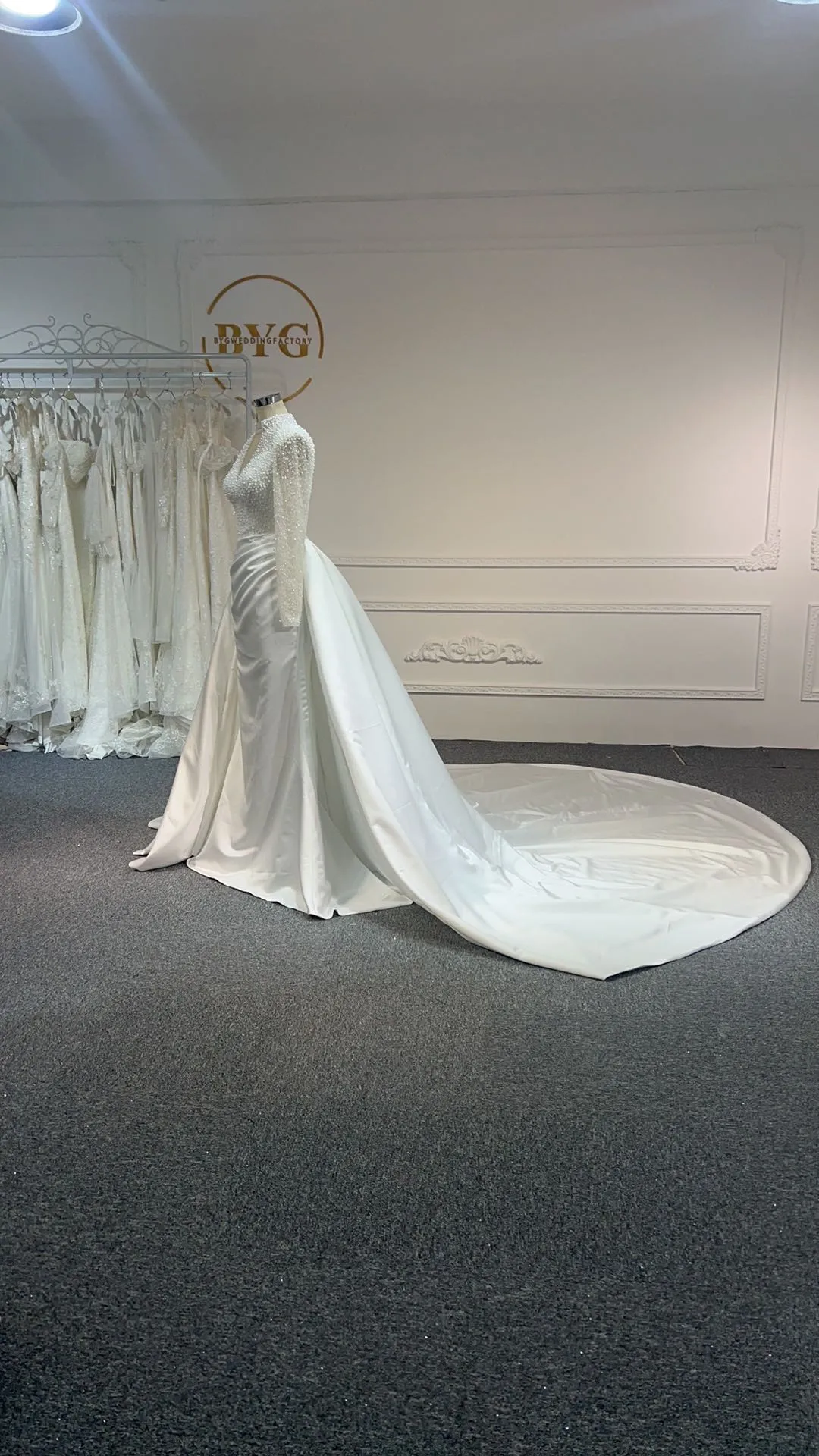 BYG24-5 LUXURIOUS BEADED SATIN MERMAID WEDDING DRESS DETACHABLE TRAIN