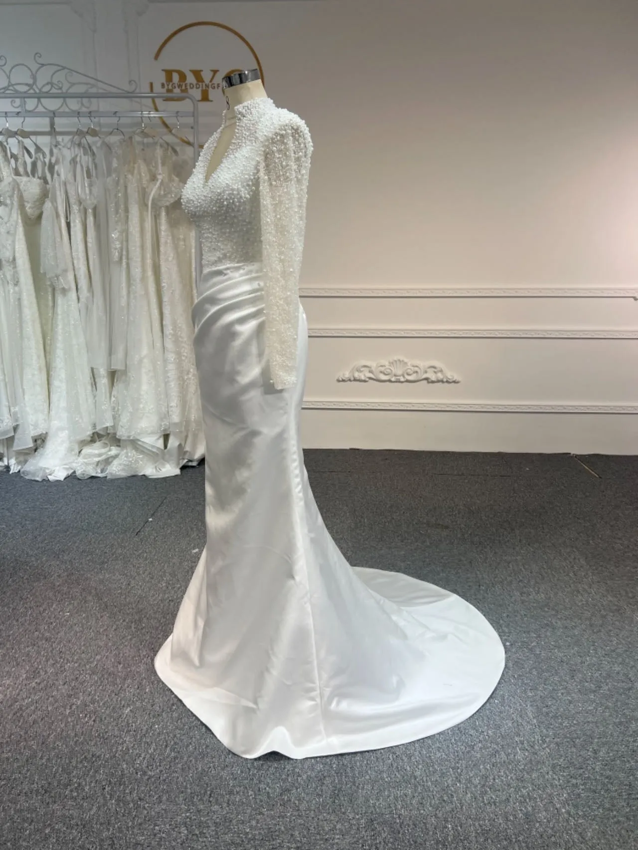 BYG24-5 LUXURIOUS BEADED SATIN MERMAID WEDDING DRESS DETACHABLE TRAIN